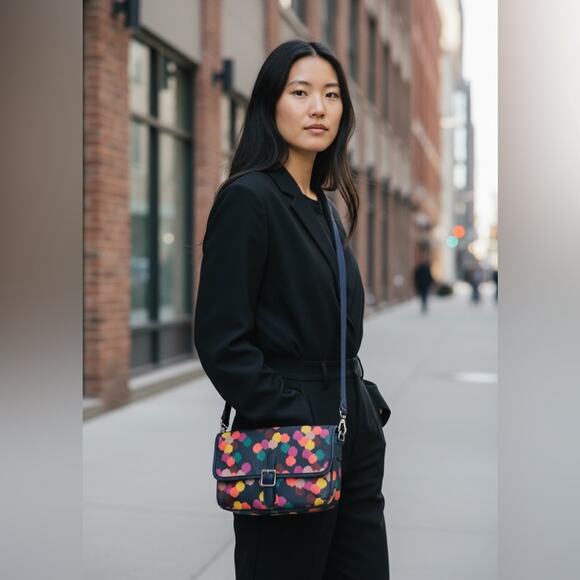 Fossil Handbags - Fossil Keyper Mini Crossbody Navy Multicolored Polka Dot Coated Canvas Bag